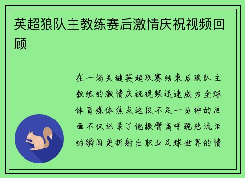 英超狼队主教练赛后激情庆祝视频回顾