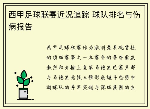 西甲足球联赛近况追踪 球队排名与伤病报告